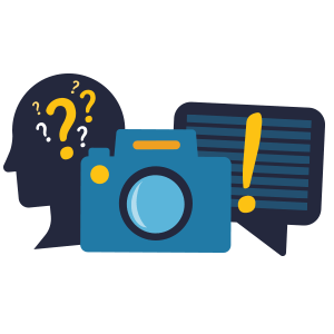 Icon displaying a head with question marks in it, a camera, and a chat box with an explanation point in it used to represent the amount of options available on the Eventzee scavenger hunt app