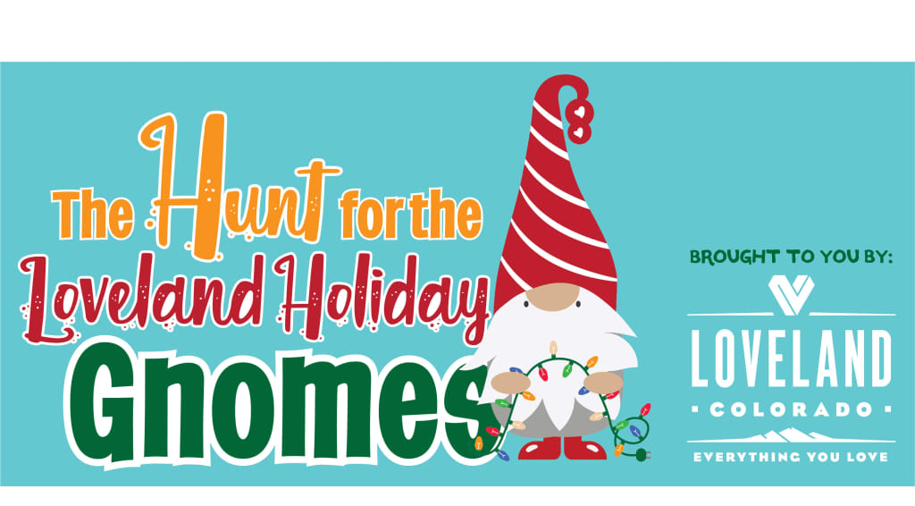 advertisment for loveland scavenger hunt event shows cartoon of holiday gnome