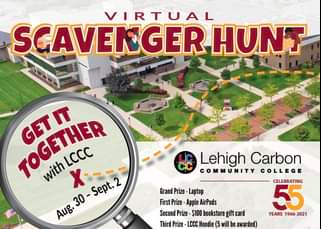 advertisement for lehigh carbon community college scavenger hunt using eventzee scavenger hunt app, featuring a picture of their campus and a magnifying glass