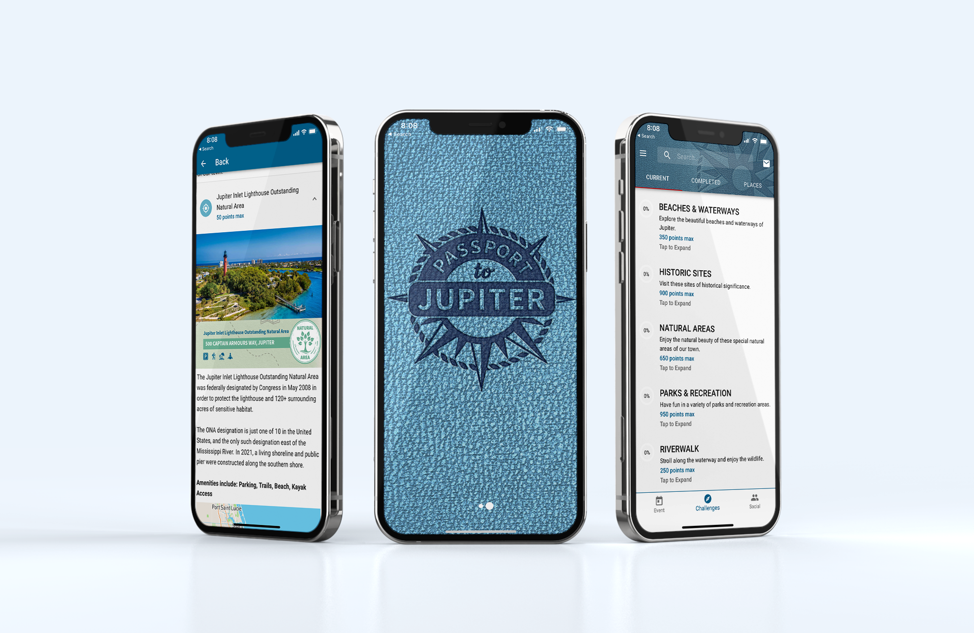 image with three phones showing different screenshots of the passport to jupiter scavenger hunt app. The left phone is facing outwards and has a screenshot with an image that looks like a lighthouse.